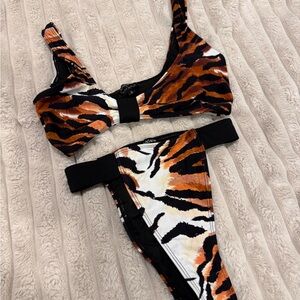 Tiger Print high waisted Bikini Set with Black Accents - Women Swim